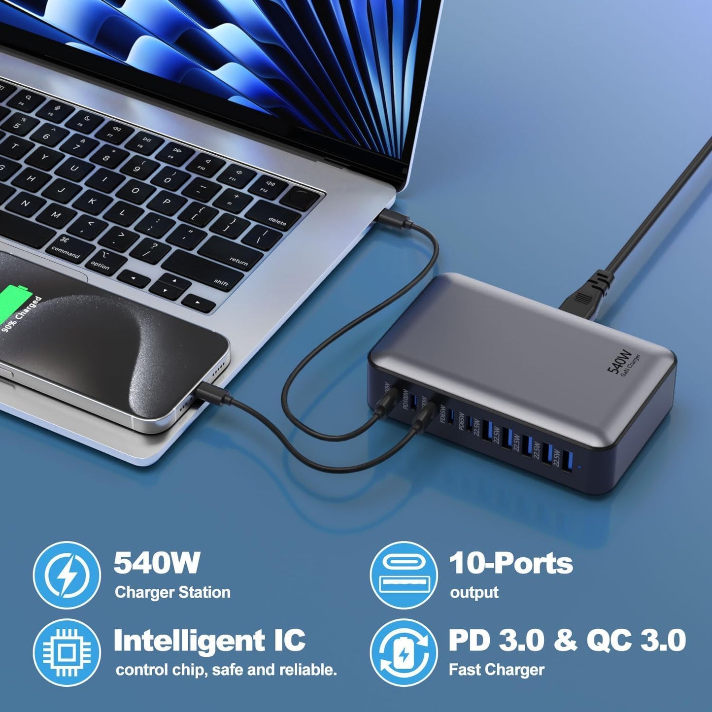 sccvee 540W 10-Port USB C Charging Station PD 100W Laptop Charger GaN Black DEMO