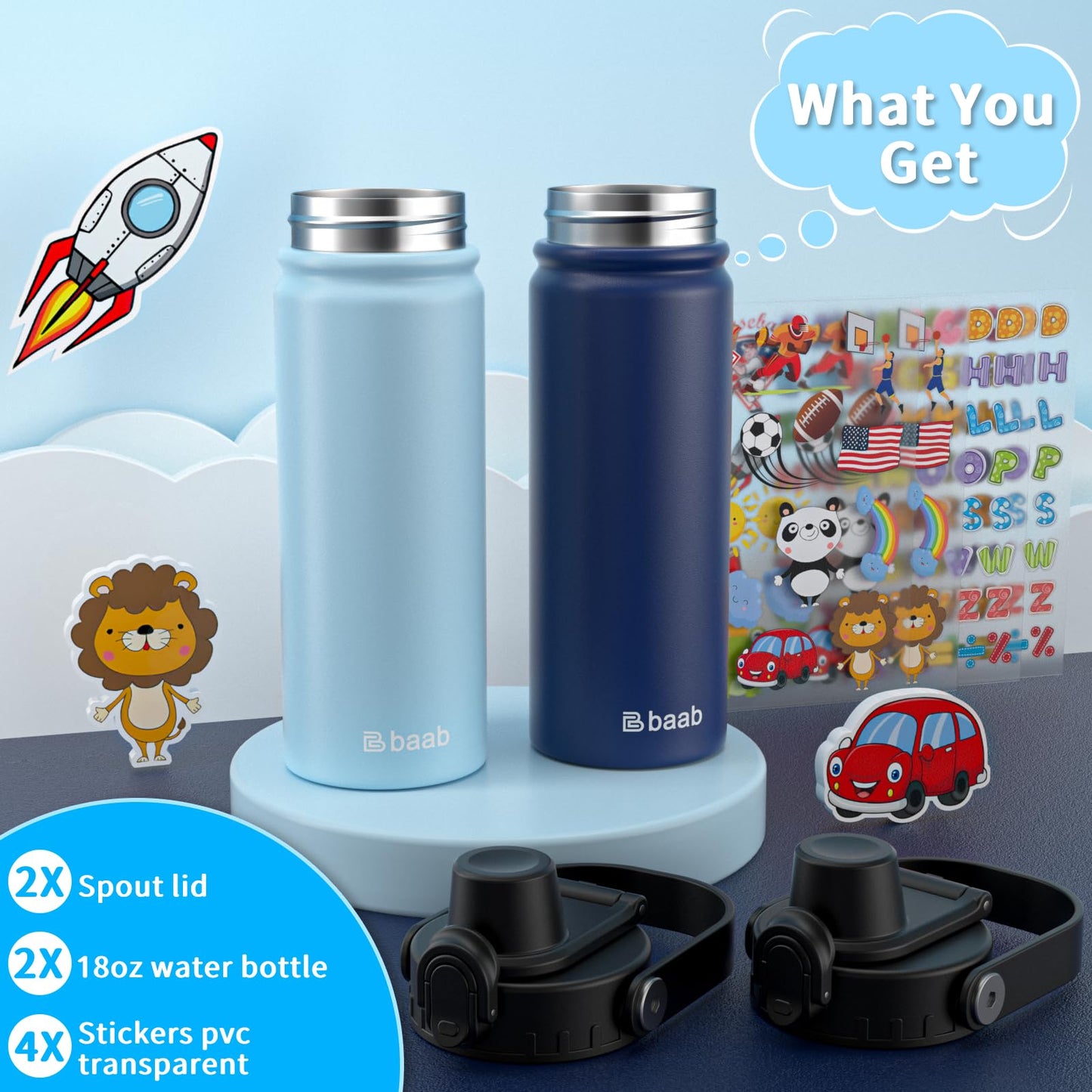 baab Kids Insulated Water Bottle Stainless Steel Drink Flask 2 Pack Navy NEW