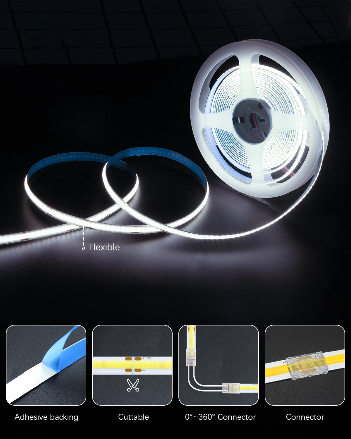 ALITOVE COB LED Strips LED Strip Lights 10ft Cold White Bright Under DEMO