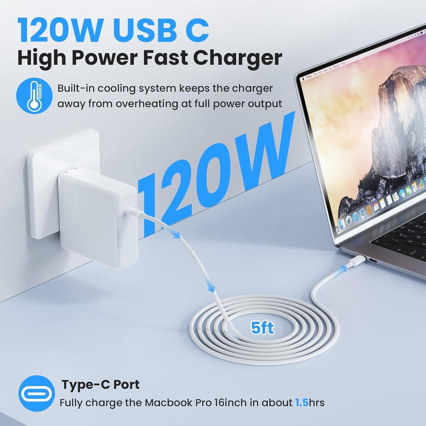 GTGUGR 120W USB-C Fast Charger Adapter for MacBook Pro, Laptop, Tablet, DEMO