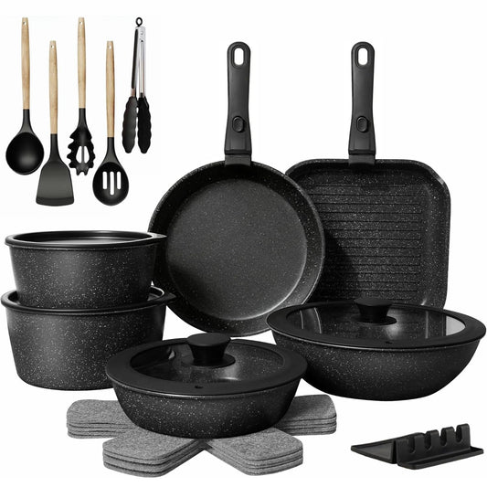 Yildue 23-Piece Pot and Pan Set Detachable Handle Induction Cookware Black DEMO