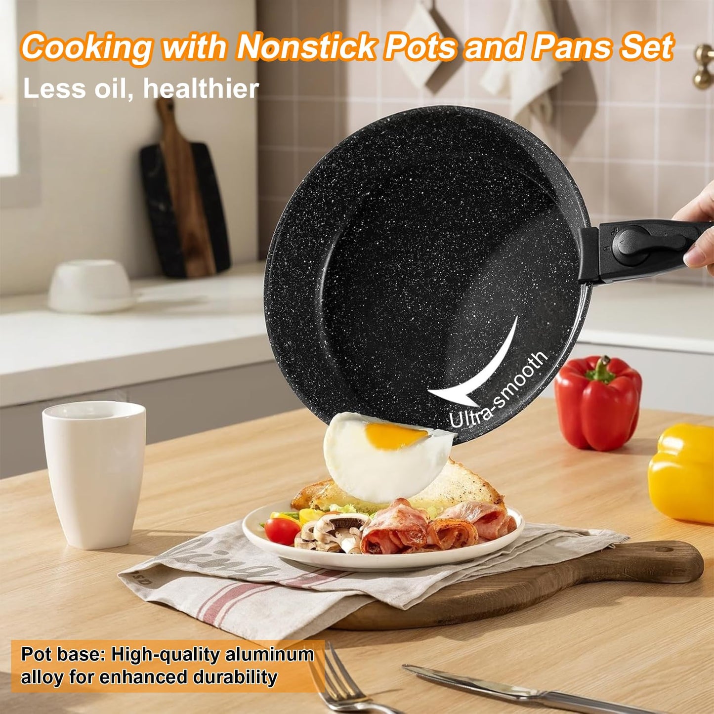 Yildue 23-Piece Pot and Pan Set Detachable Handle Induction Cookware Black DEMO