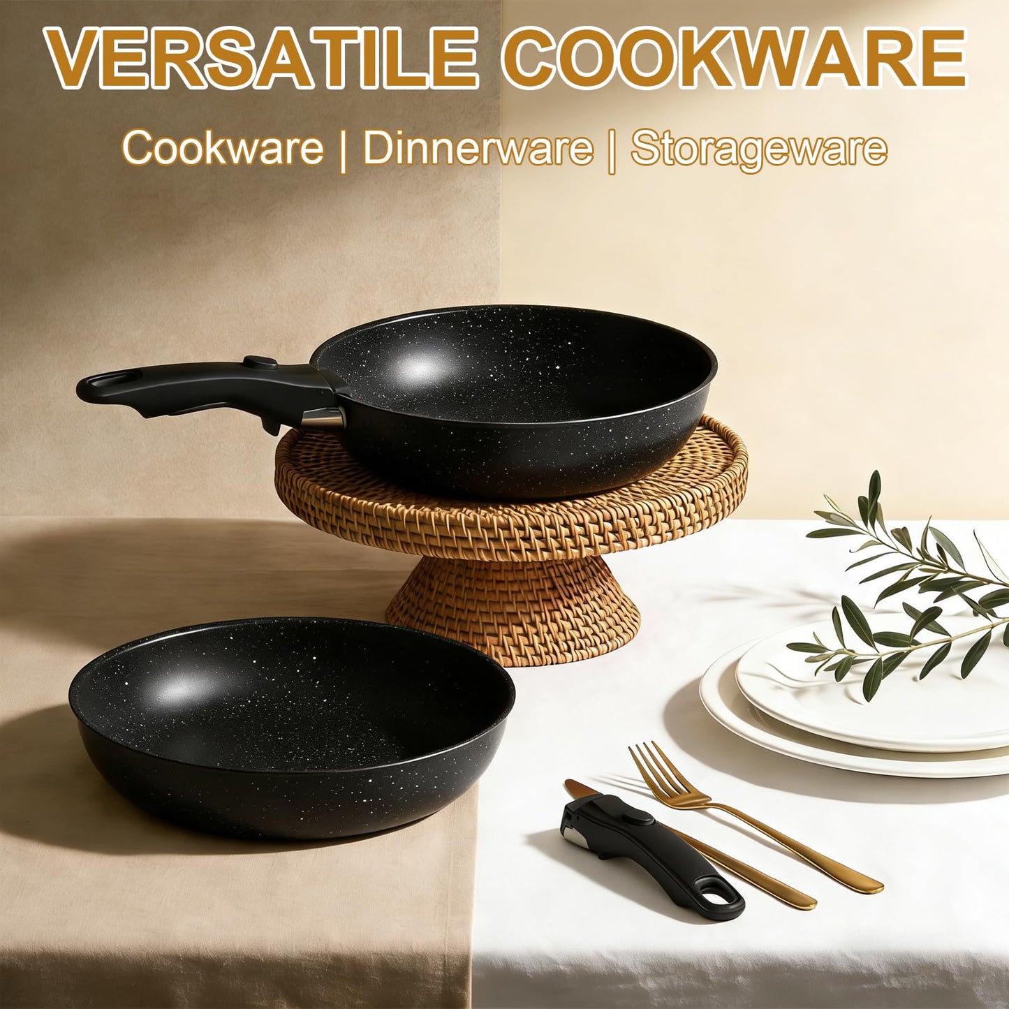 Yildue 23-Piece Pot and Pan Set Detachable Handle Induction Cookware Black DEMO