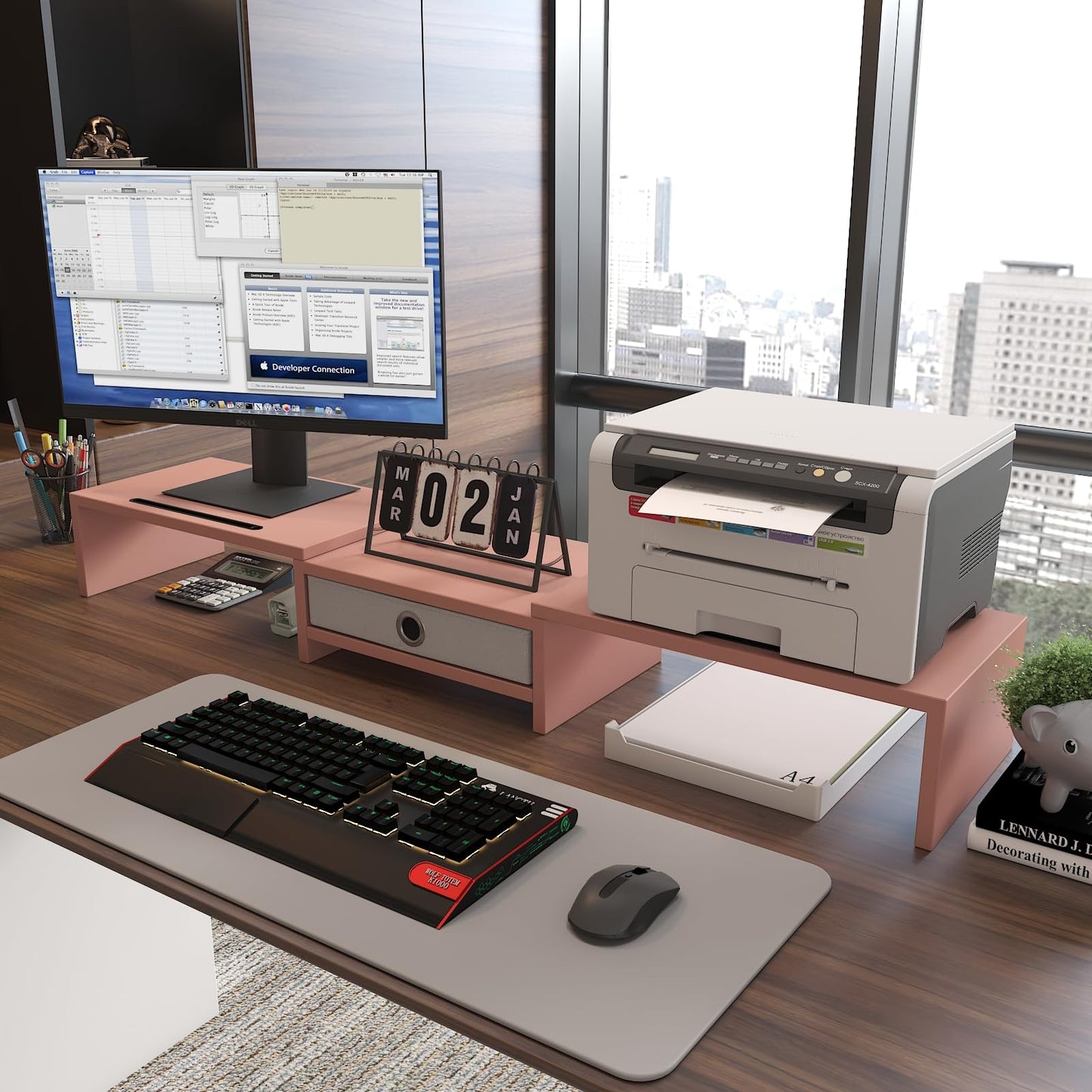 WESTREE Monitor Stand with Drawer 3 Shelf Riser Polycarbonate Desktop Pink NEW