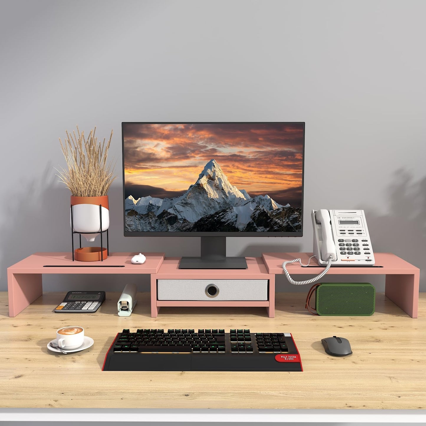 WESTREE Monitor Stand with Drawer 3 Shelf Riser Polycarbonate Desktop Pink NEW