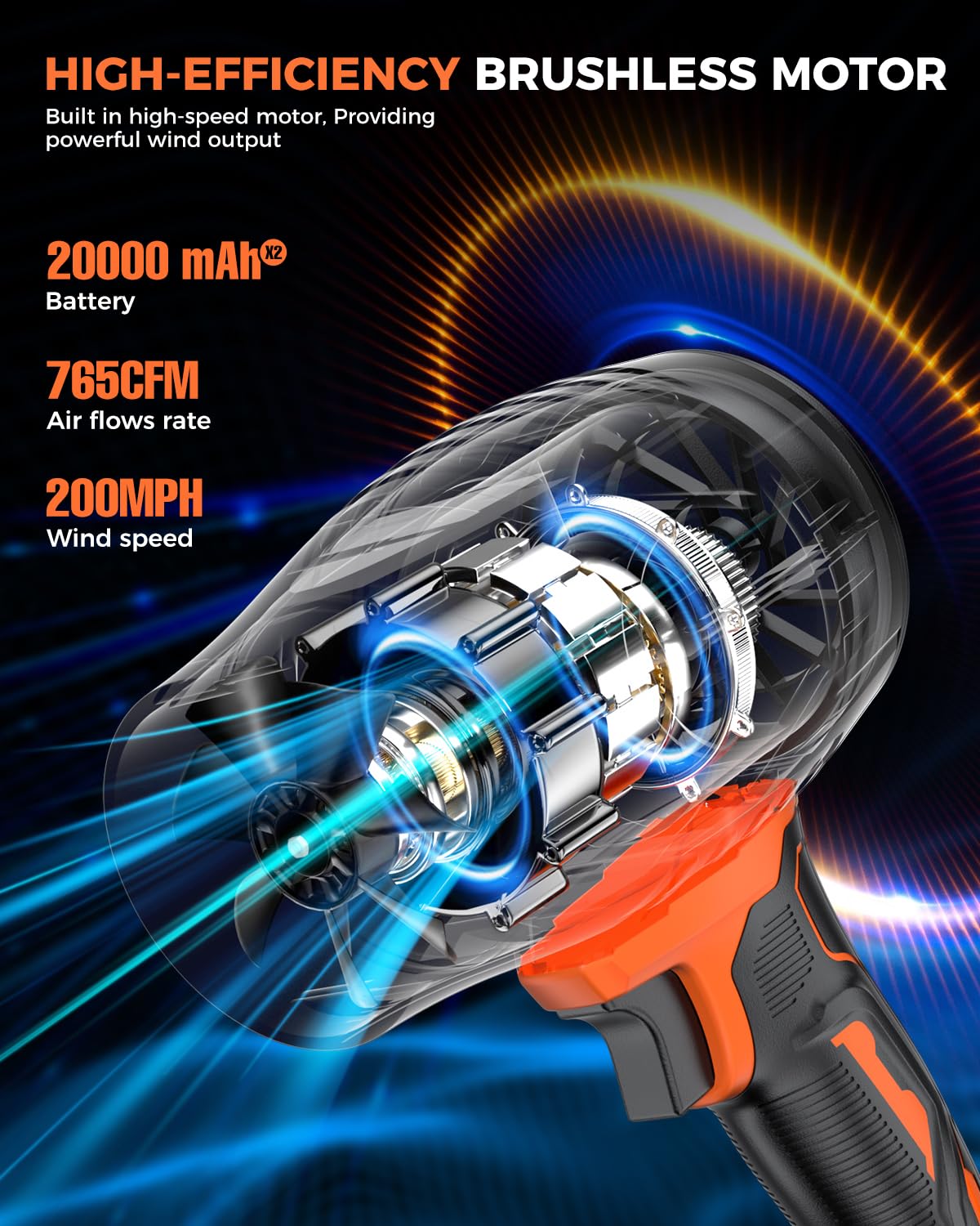 SNJORT Cordless Leaf Blower Extended Nozzle, 2 Batteries & Charger Orange NEW