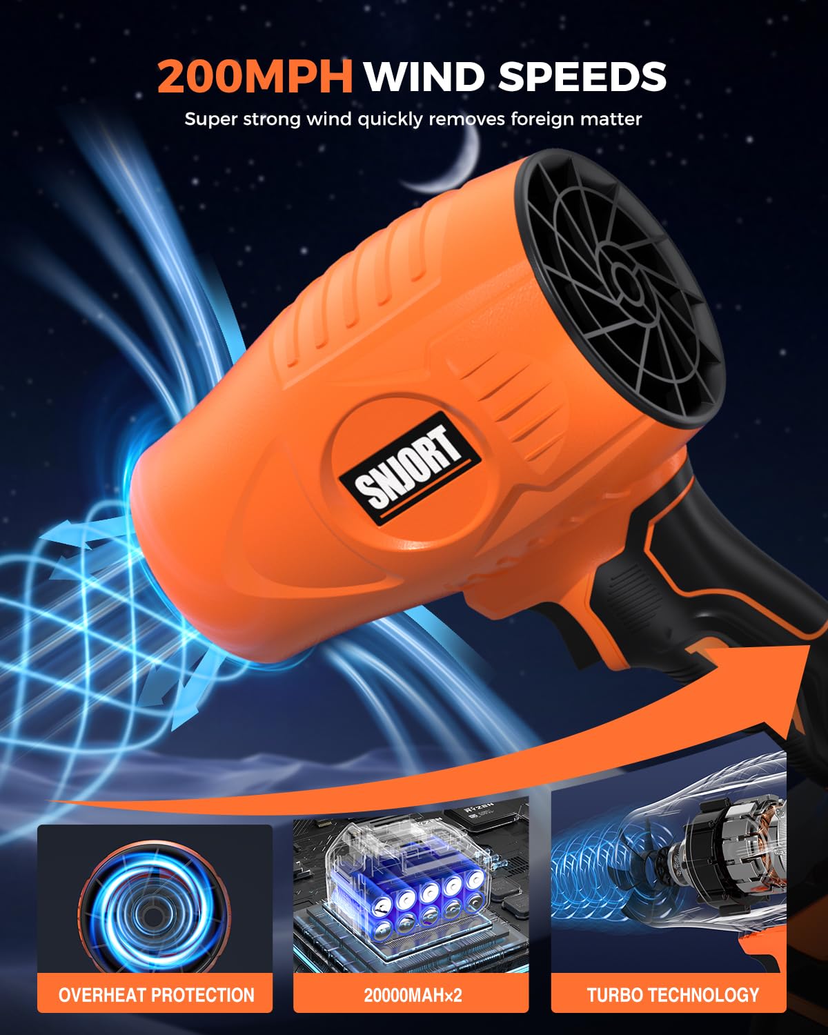 SNJORT Cordless Leaf Blower Extended Nozzle, 2 Batteries & Charger Orange NEW