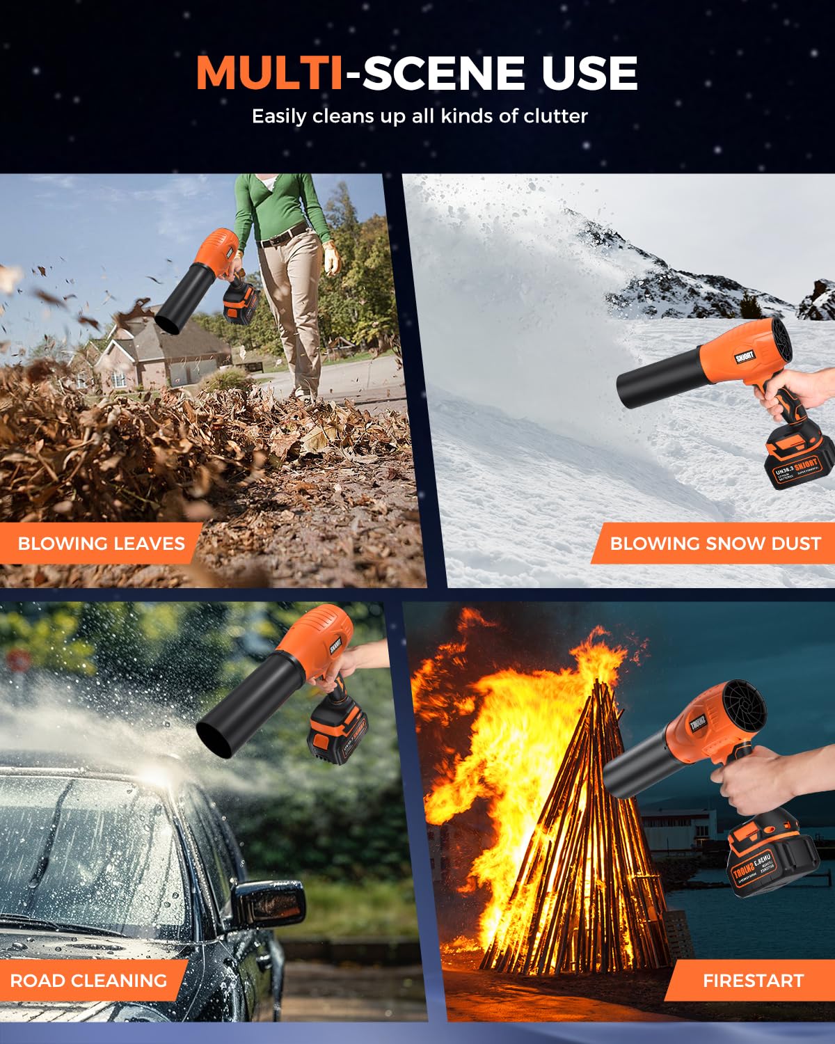SNJORT Cordless Leaf Blower Extended Nozzle, 2 Batteries & Charger Orange NEW