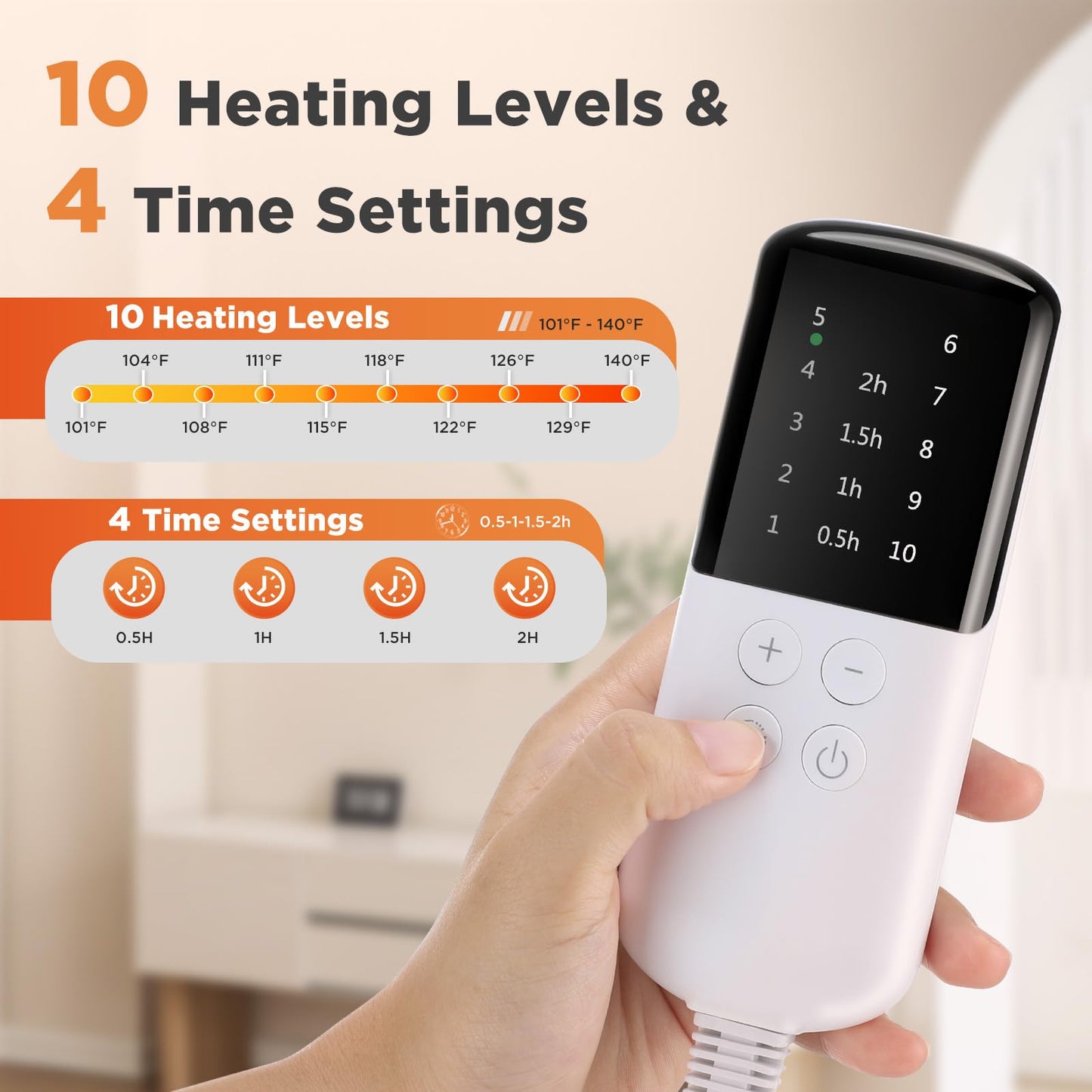 Rapid Heat Electric Heating Pad with 10 Levels and 4 Timer Settings Grey DEMO
