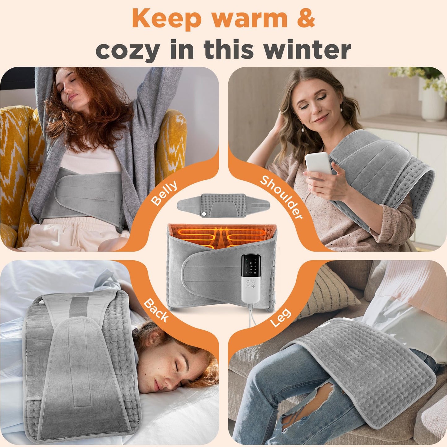 Rapid Heat Electric Heating Pad with 10 Levels and 4 Timer Settings Grey DEMO