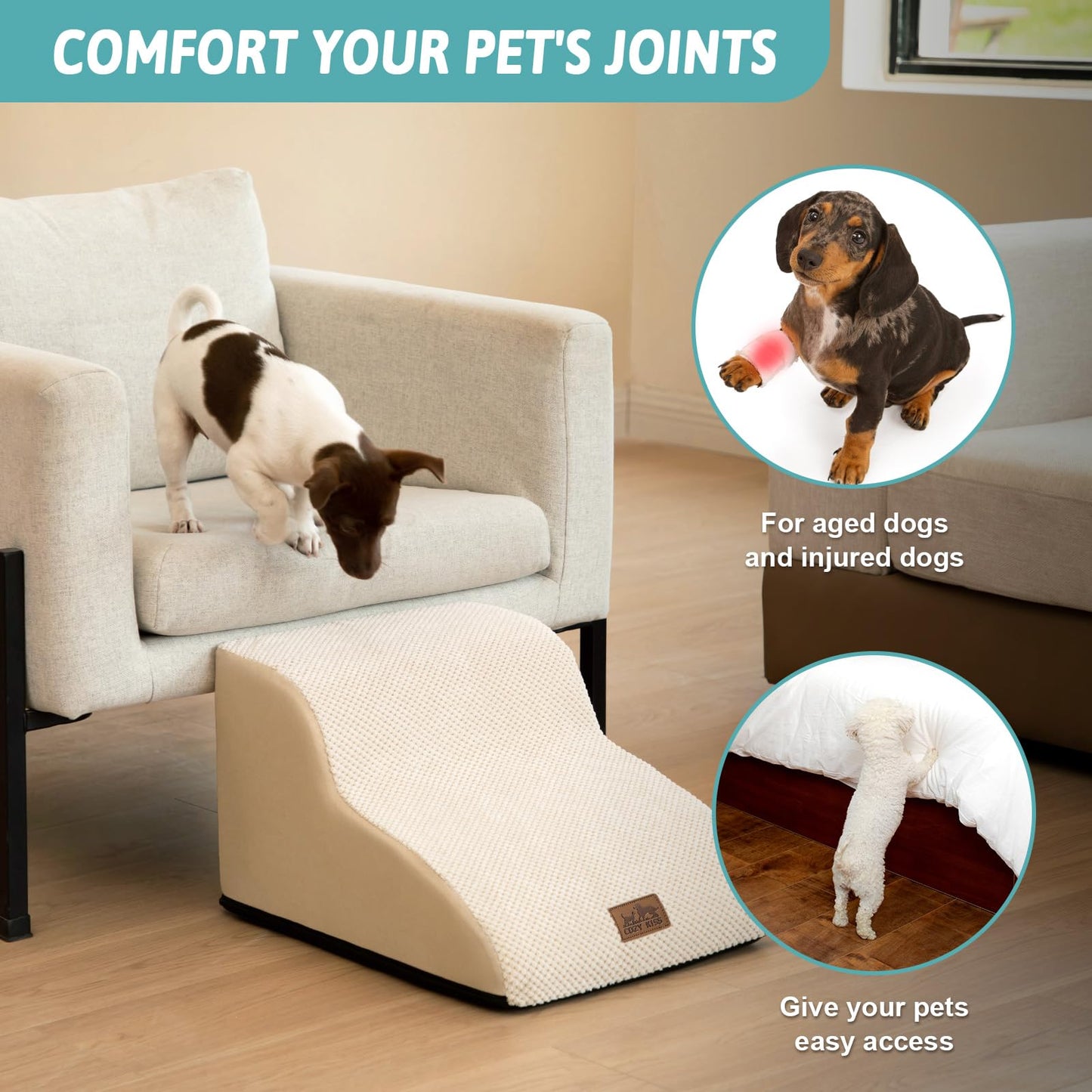 COZY KISS Beige Curved Pet Stairs with Leakproof High-Density Foam Cover NEW