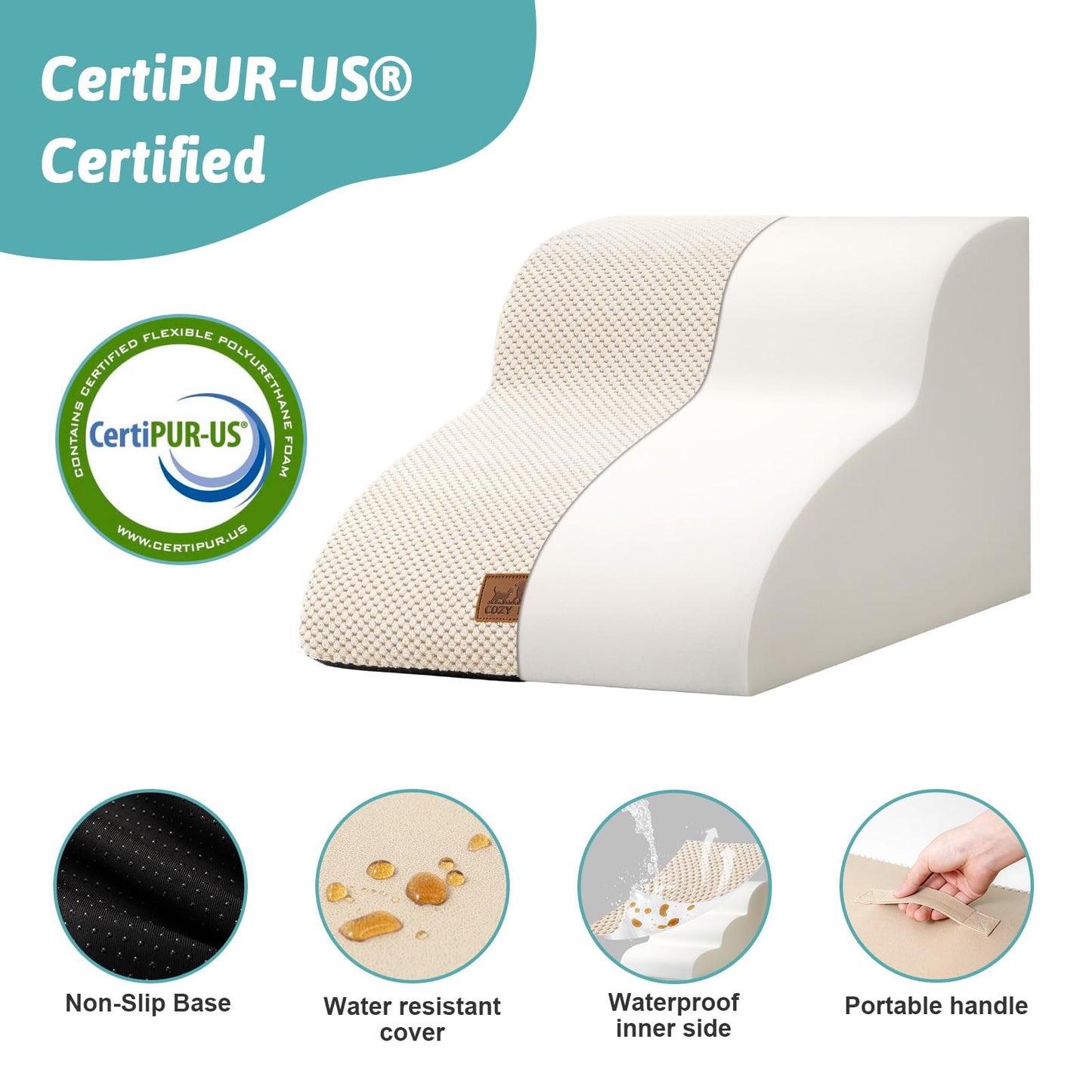 COZY KISS Beige Curved Pet Stairs with Leakproof High-Density Foam Cover NEW