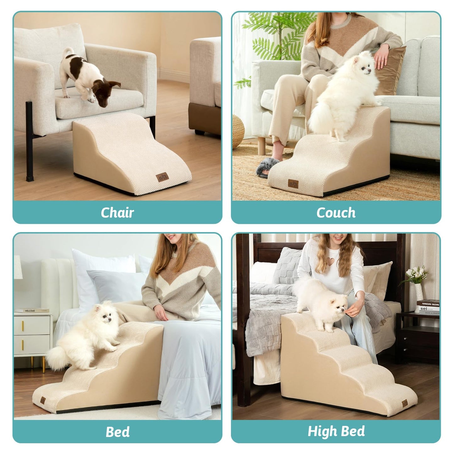 COZY KISS Beige Curved Pet Stairs with Leakproof High-Density Foam Cover NEW