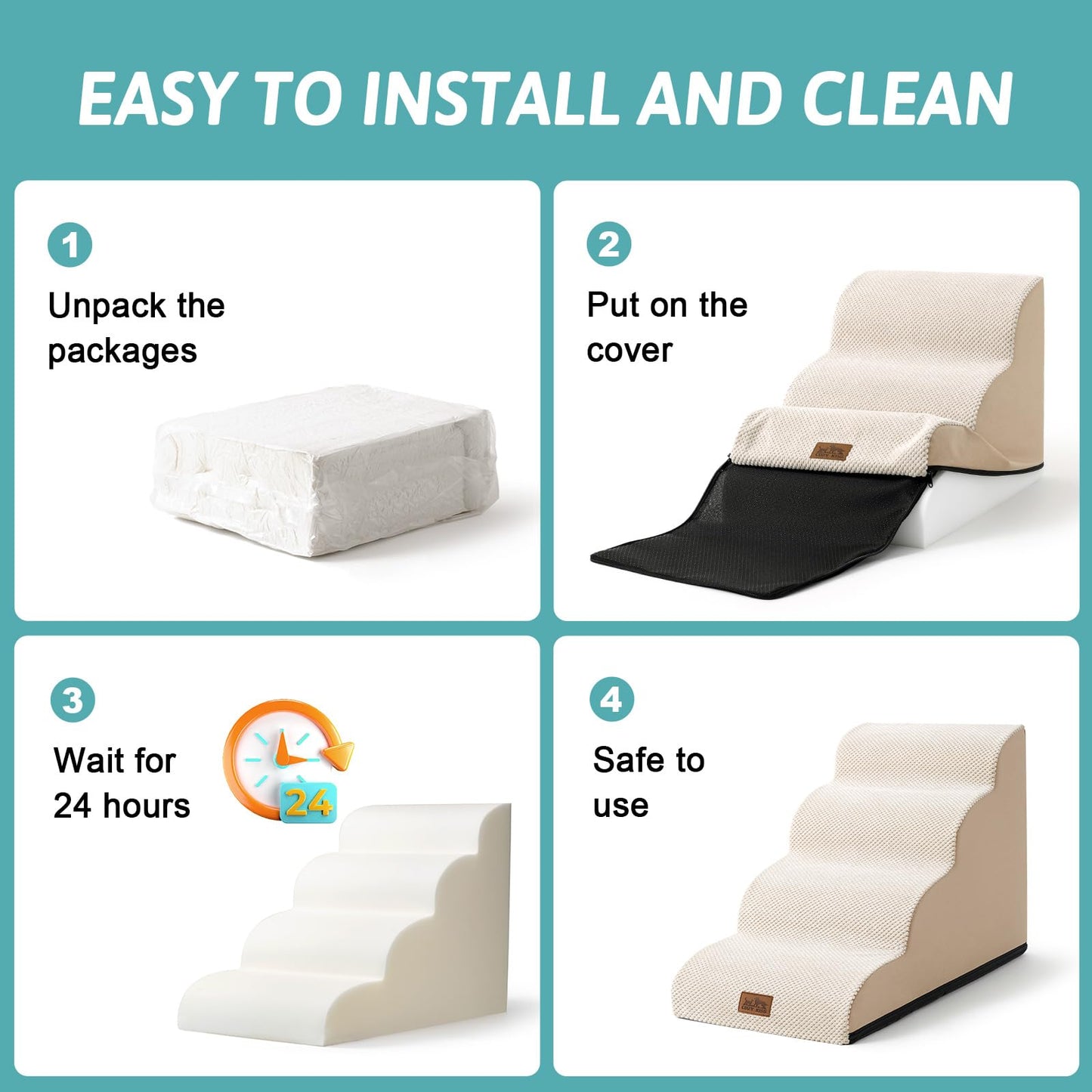 COZY KISS Beige Curved Pet Stairs with Leakproof High-Density Foam Cover NEW