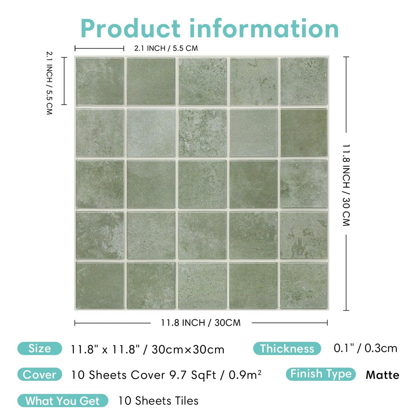 Commomy Gradient Green Square Wall Stickers & Murals, 30x30cm, Decor NEW