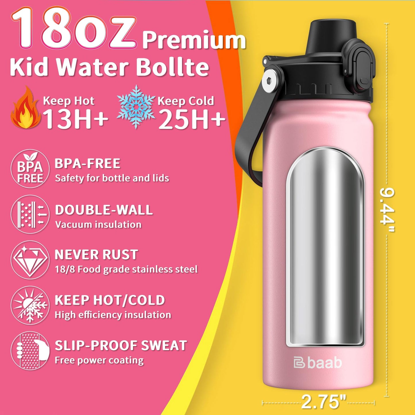 baab 18oz Drink Flasks Insulated Stainless Steel Water Bottle in Pink - DEMO