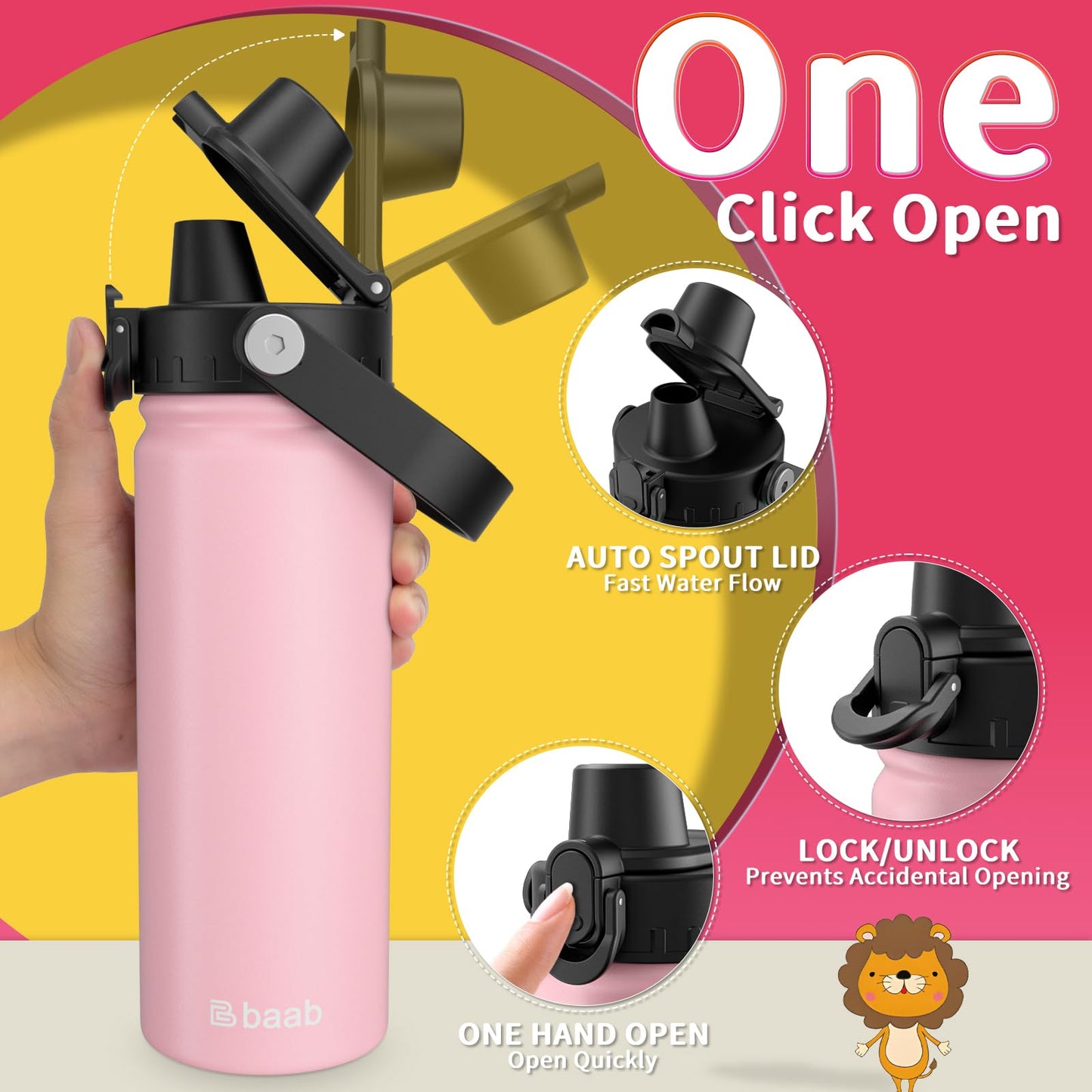 baab 18oz Drink Flasks Insulated Stainless Steel Water Bottle in Pink - DEMO
