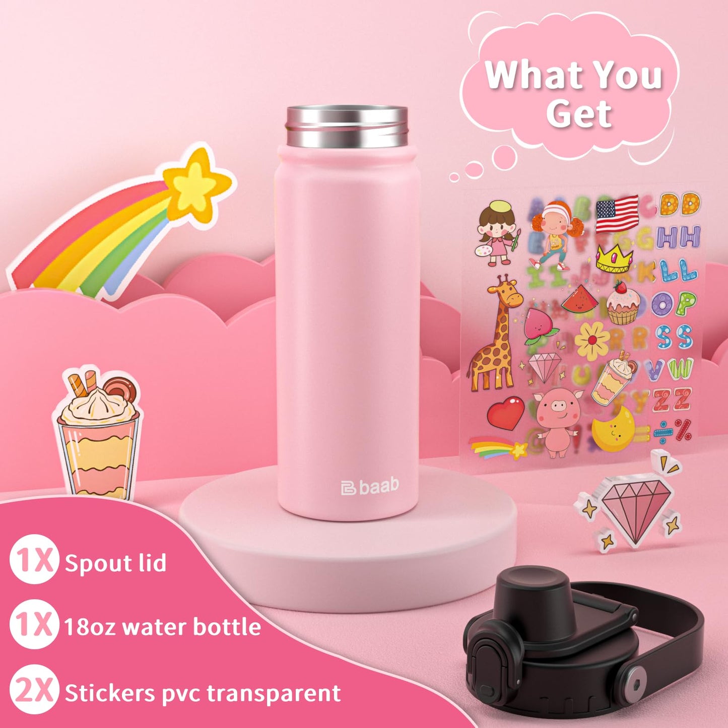 baab 18oz Drink Flasks Insulated Stainless Steel Water Bottle in Pink - DEMO