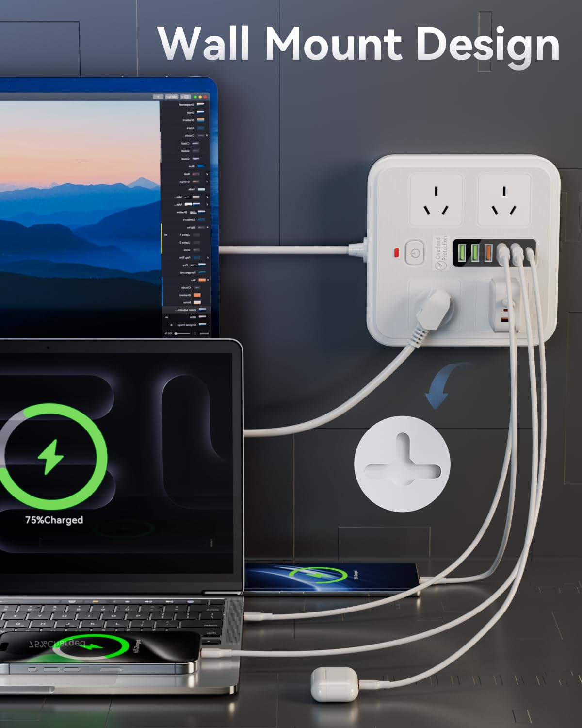 AUSELECT 10-in-1 USB Power Strip Surge Protector with 4 Outlets, White, 70W DEMO