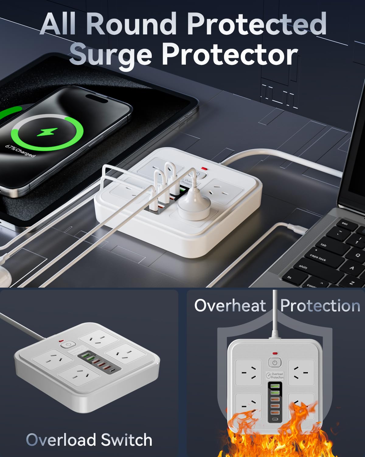 AUSELECT 10-in-1 USB Power Strip Surge Protector with 4 Outlets, White, 70W DEMO