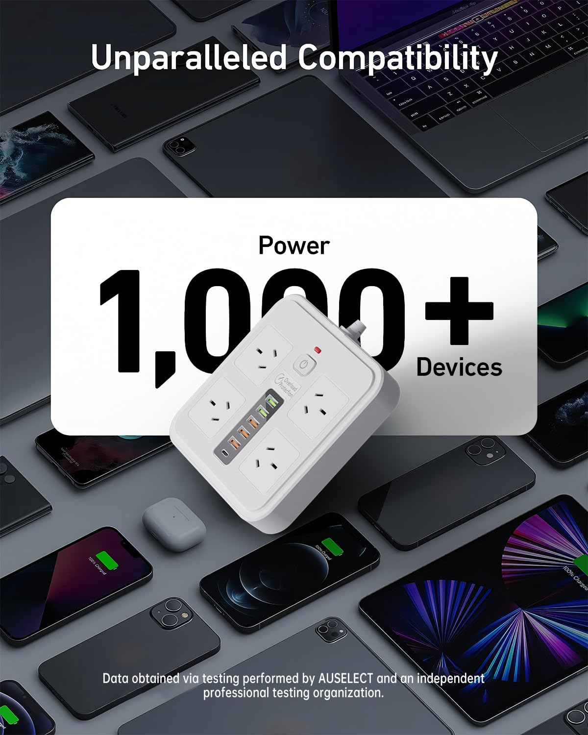AUSELECT 10-in-1 USB Power Strip Surge Protector with 4 Outlets, White, 70W DEMO