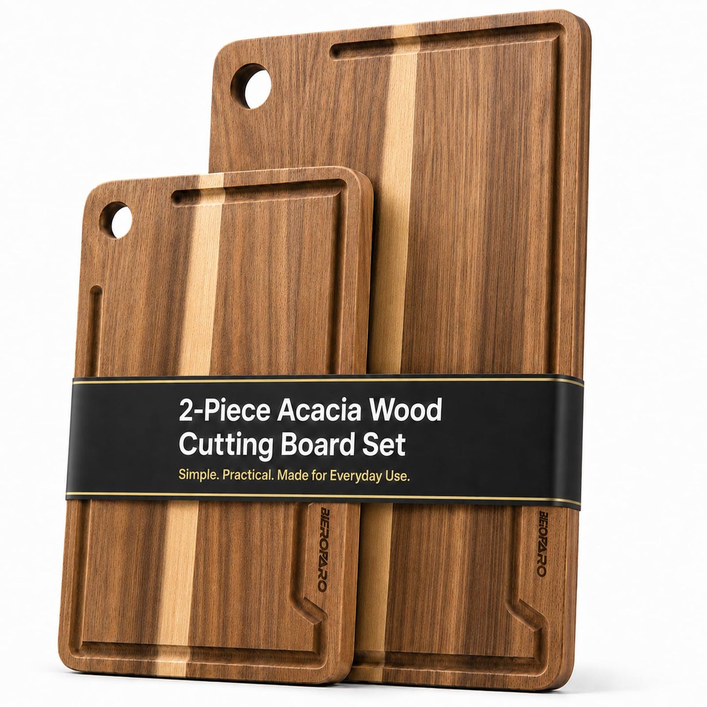 bierofaro Wooden Cutting Board Set 16.5"L x 2"W Brown Kitchen Chopping Mats NEW