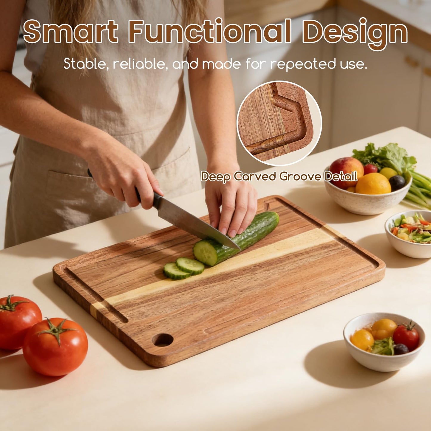 bierofaro Wooden Cutting Board Set 16.5"L x 2"W Brown Kitchen Chopping Mats NEW