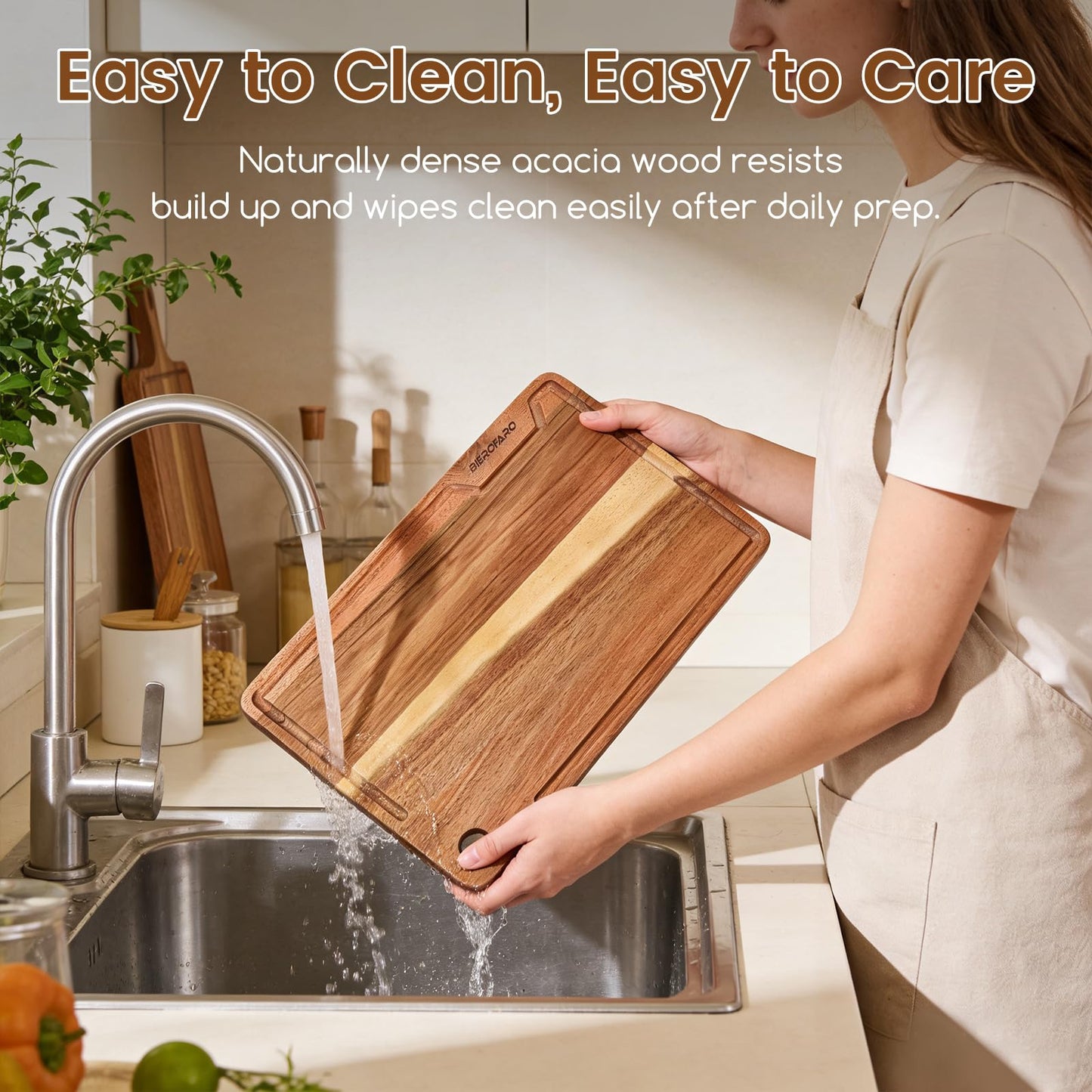 bierofaro Wooden Cutting Board Set 16.5"L x 2"W Brown Kitchen Chopping Mats NEW