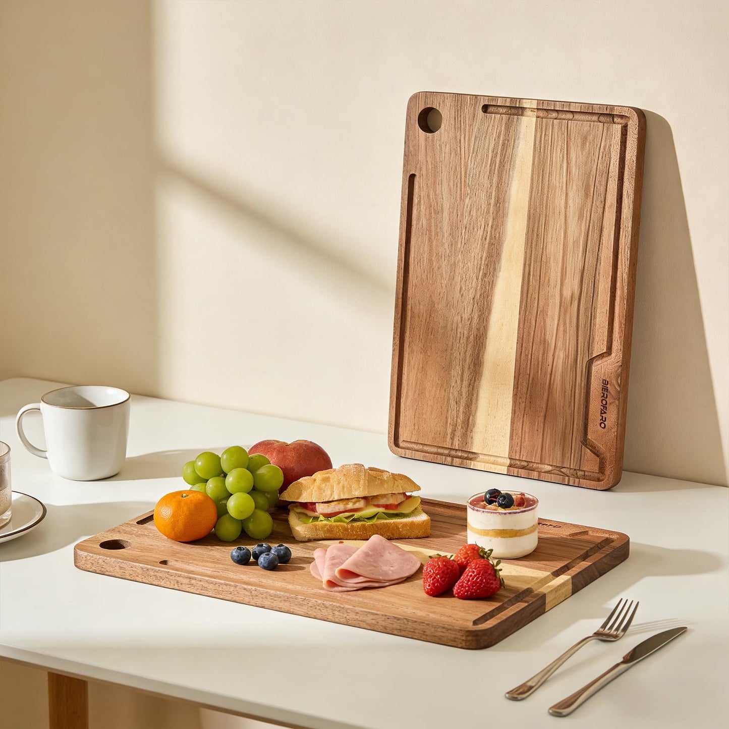 bierofaro Wooden Cutting Board Set 16.5"L x 2"W Brown Kitchen Chopping Mats NEW