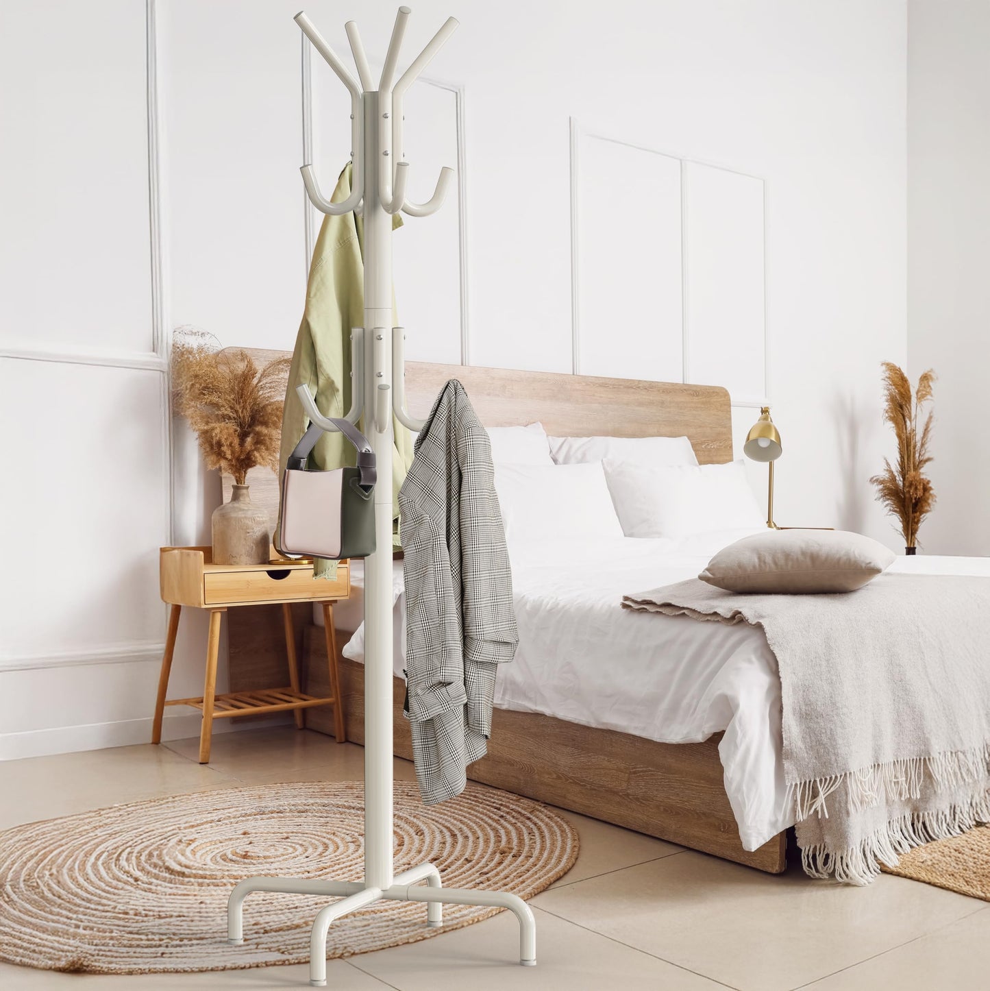 Simple Houseware 12-Hook Metal Coat Rack Stand in White - Sturdy Storage DEMO