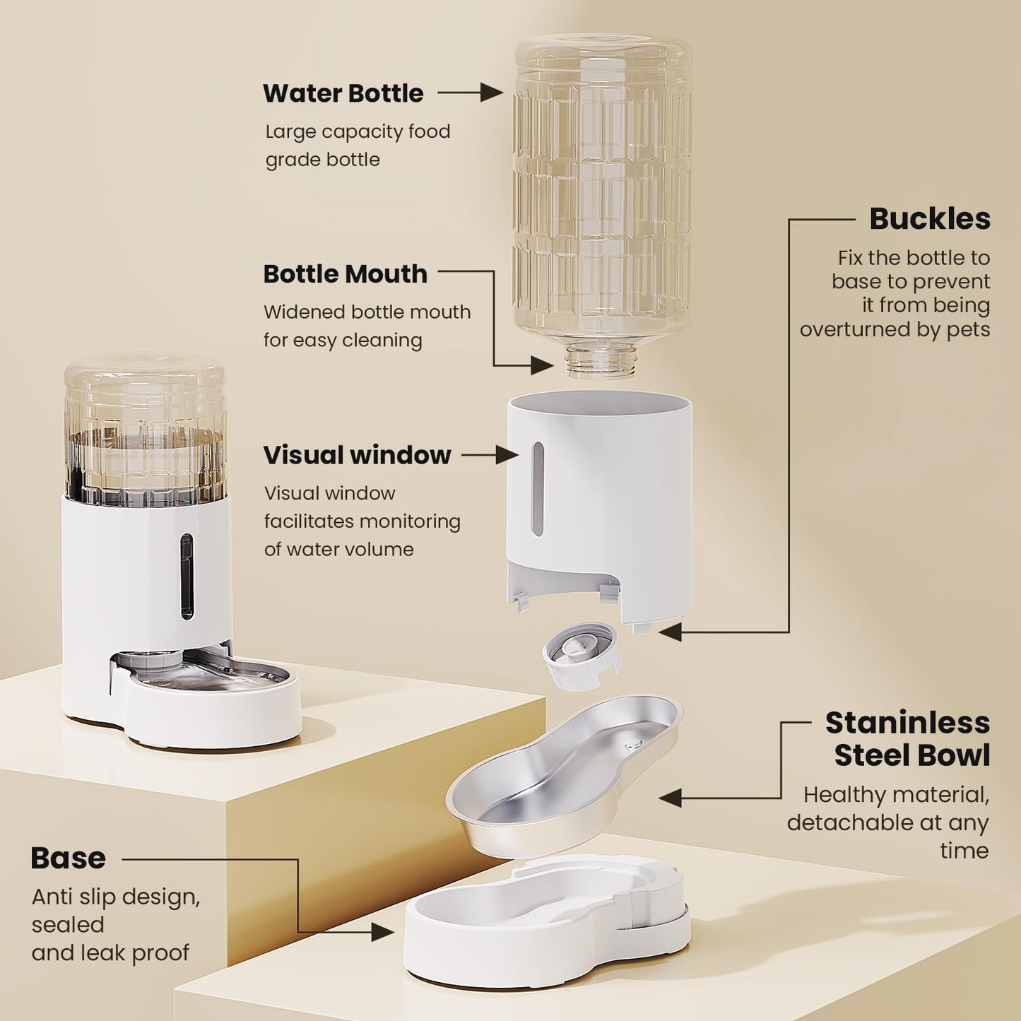 JUNSPOW Automatic Feeders Gravity Pet Water Dispenser with Stainless Steel DEMO