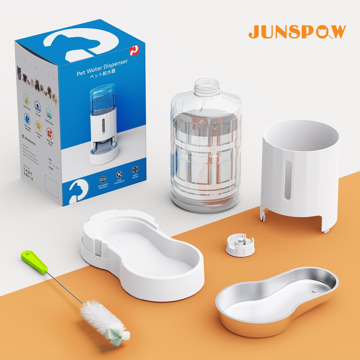 JUNSPOW Automatic Feeders Gravity Pet Water Dispenser with Stainless Steel DEMO