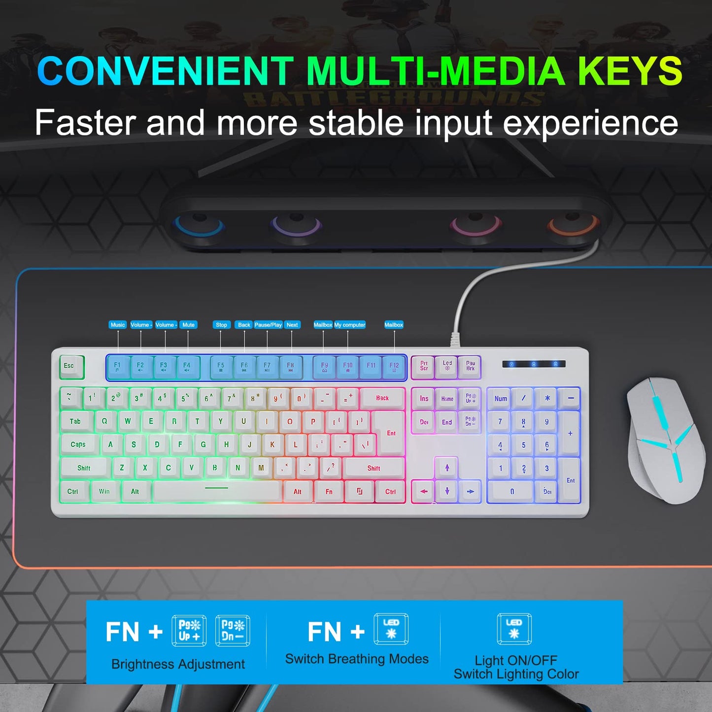 HUO JI Gaming Keyboard USB Wired with Rainbow LED Backlit Quiet Floating DEMO