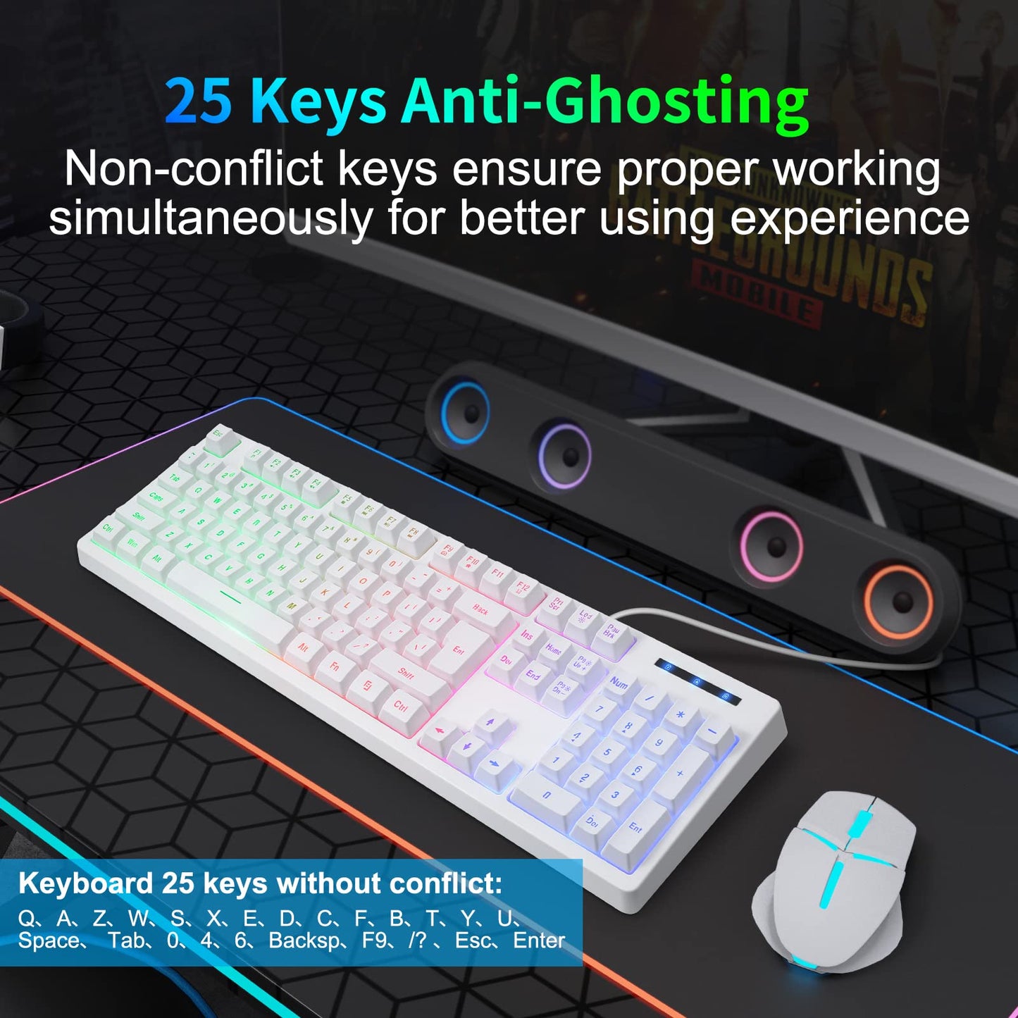 HUO JI Gaming Keyboard USB Wired with Rainbow LED Backlit Quiet Floating DEMO