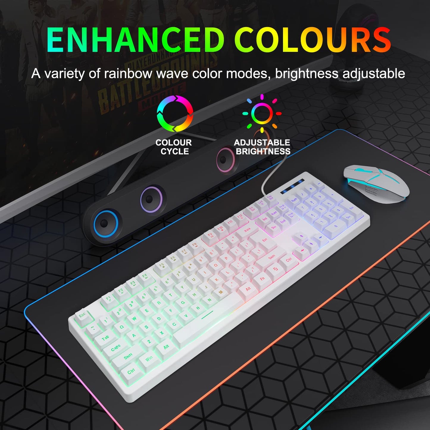 HUO JI Gaming Keyboard USB Wired with Rainbow LED Backlit Quiet Floating DEMO