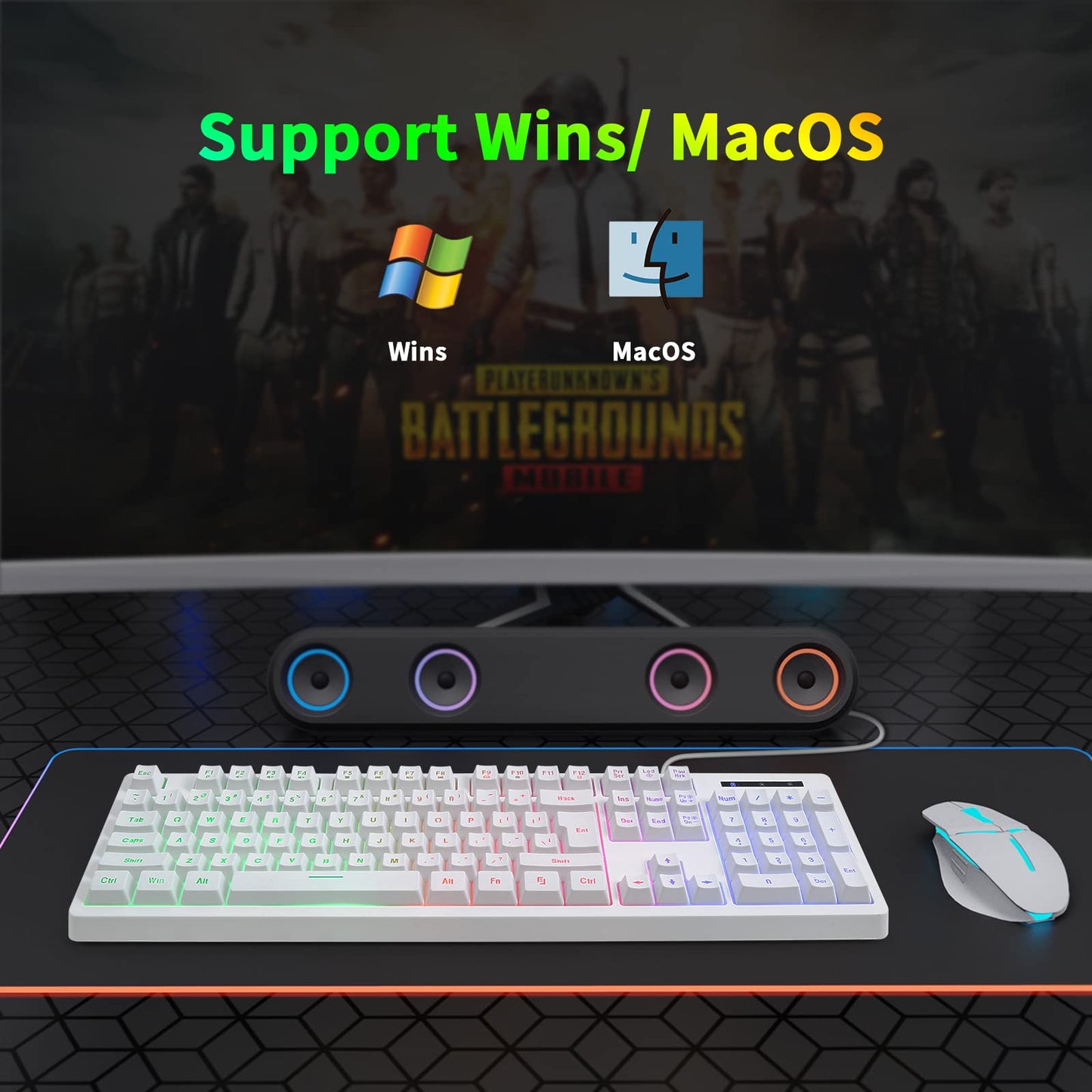 HUO JI Gaming Keyboard USB Wired with Rainbow LED Backlit Quiet Floating DEMO