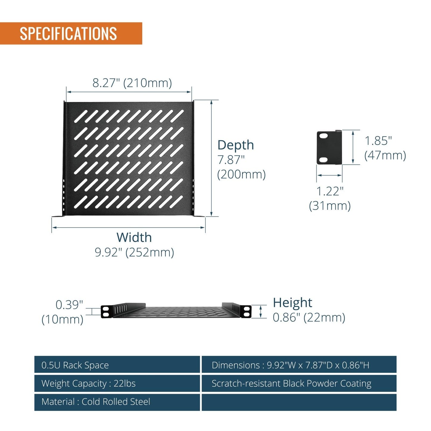Tecmojo 0.5U Enclosures Rack Shelf 10 inch 200mm Depth Server Mount Vent 2 DEMO