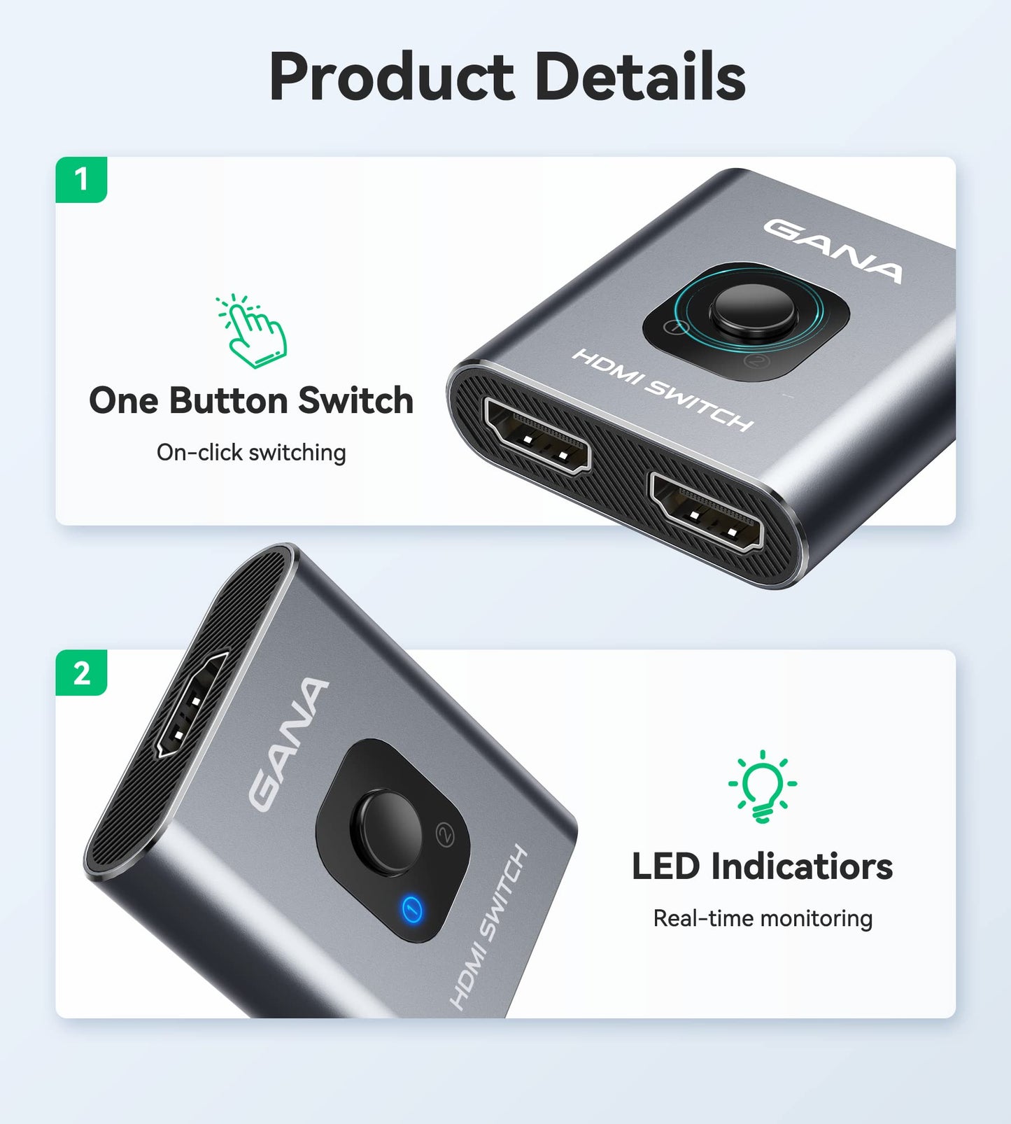 GANA Aluminum Bidirectional HDMI 2-in-1 Selector Box, Grey Switcher DEMO