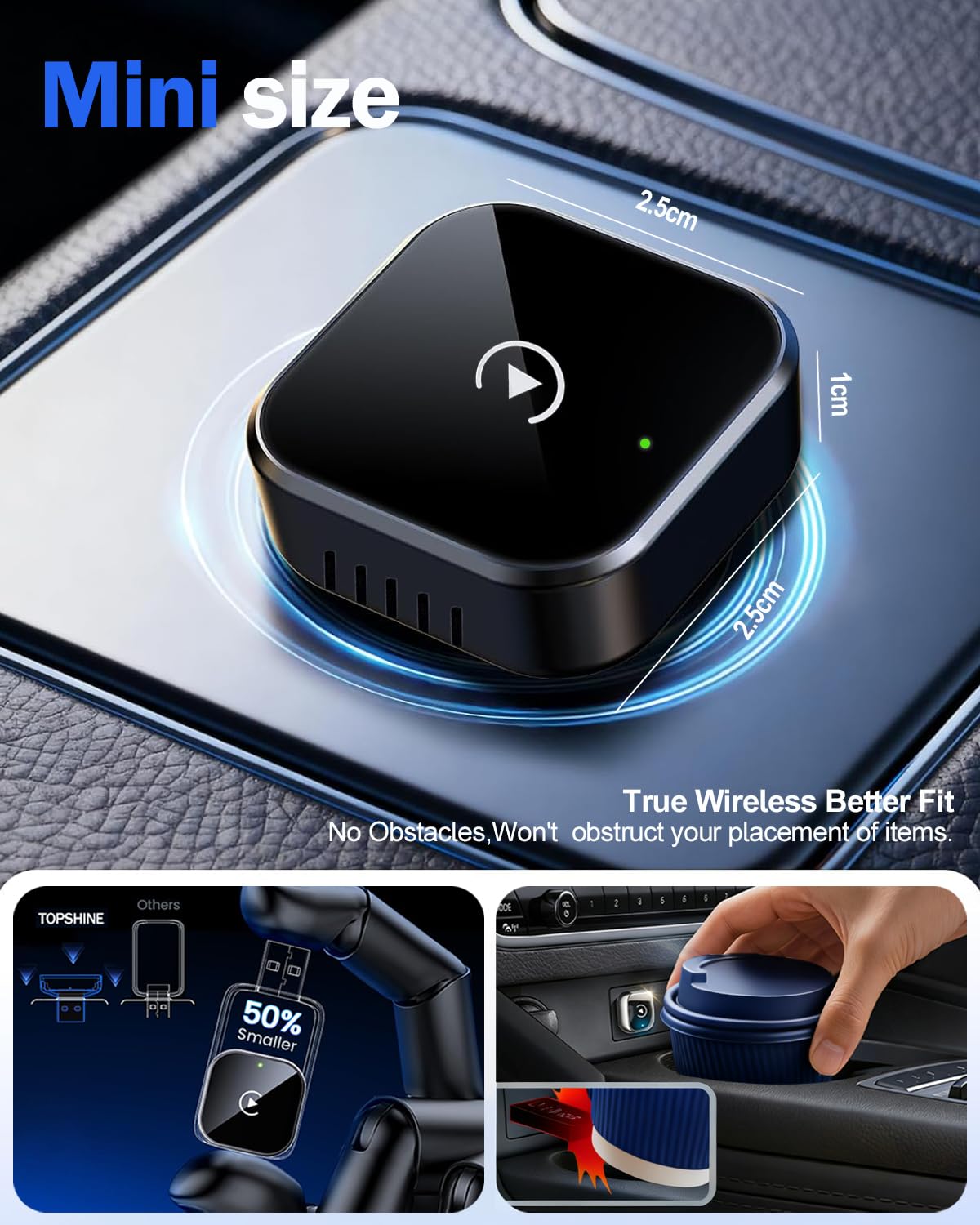TOPSHINE Wireless CarPlay Adapter for iPhone Mini USB Tech Black-Silver DEMO
