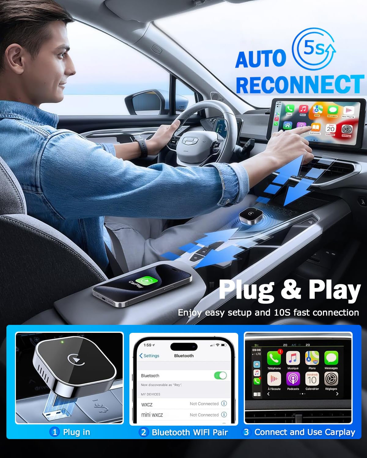 TOPSHINE Wireless CarPlay Adapter for iPhone Mini USB Tech Black-Silver DEMO