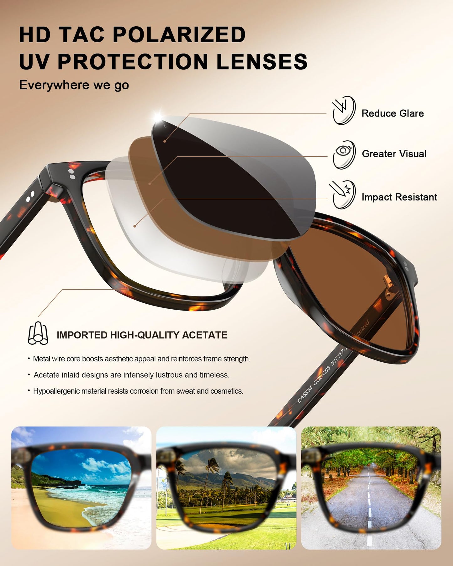 Carfia Womens Polarized Acetate Sunglasses Small Face AntiGlare UV400 51mm DEMO