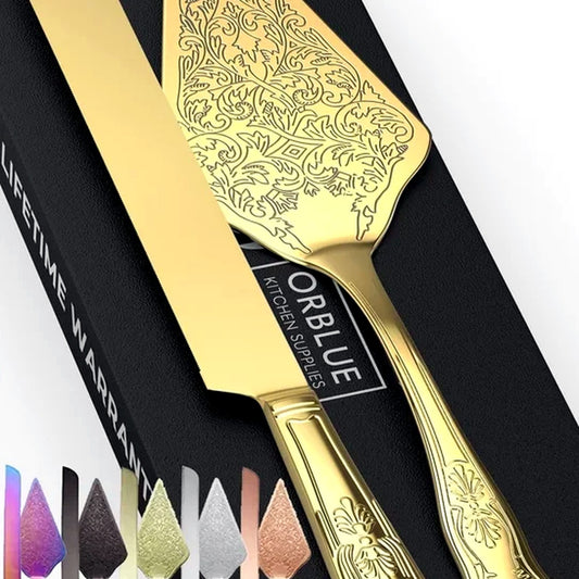Orblue Premium Engraved Cake Cutting Knife and Server Set GOLD NEW