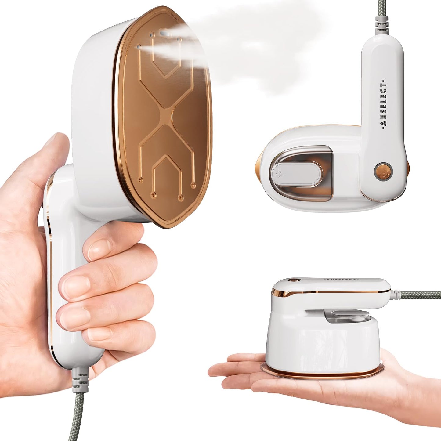 AUSELECT 2-in-1 Handheld Clothes Steamer and Mini Iron, White Steam Press DEMO