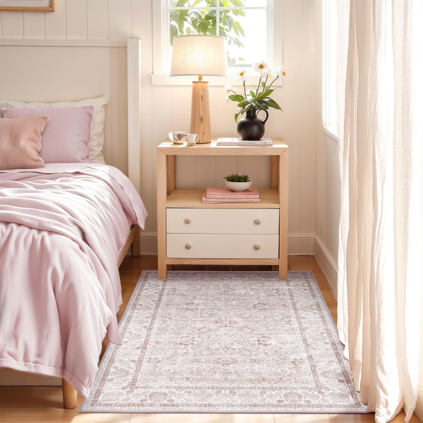 Deerly Pink Area Rug 200x300 cm Rectangular Non-Slip Washable Vintage NEW