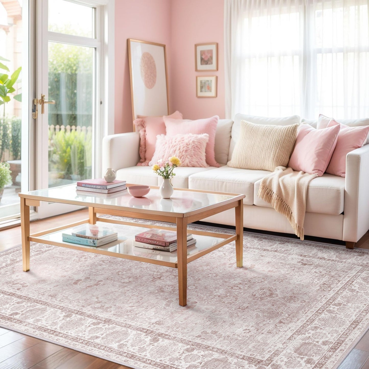Deerly Pink Area Rug 200x300 cm Rectangular Non-Slip Washable Vintage NEW