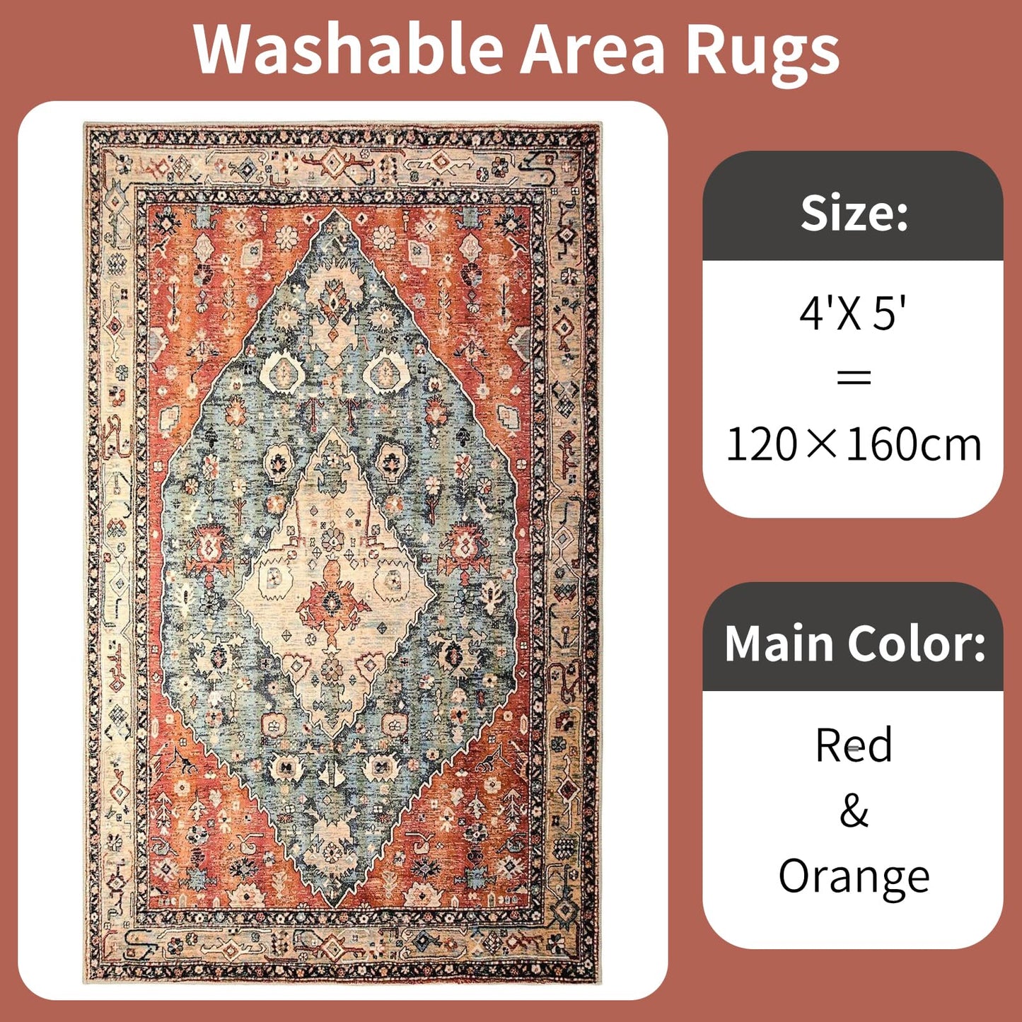 TFMODBFA Large 120x160cm Non-Slip Washable Polyester Area Rug in Orange-Red NEW