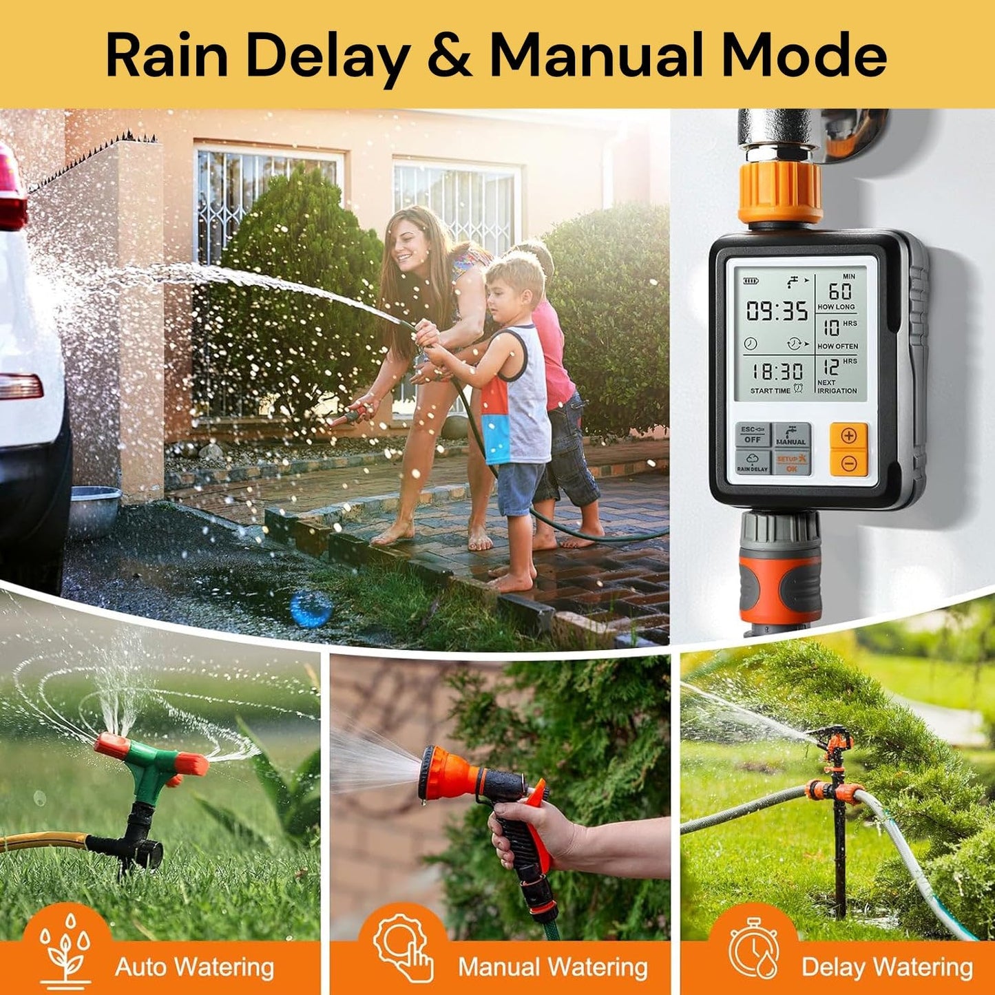 Spendeal Programmable Garden Hose Timer with Rain Delay, Orange & Black NEW