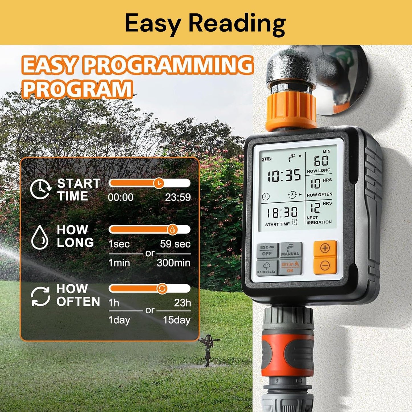 Spendeal Programmable Garden Hose Timer with Rain Delay, Orange & Black NEW