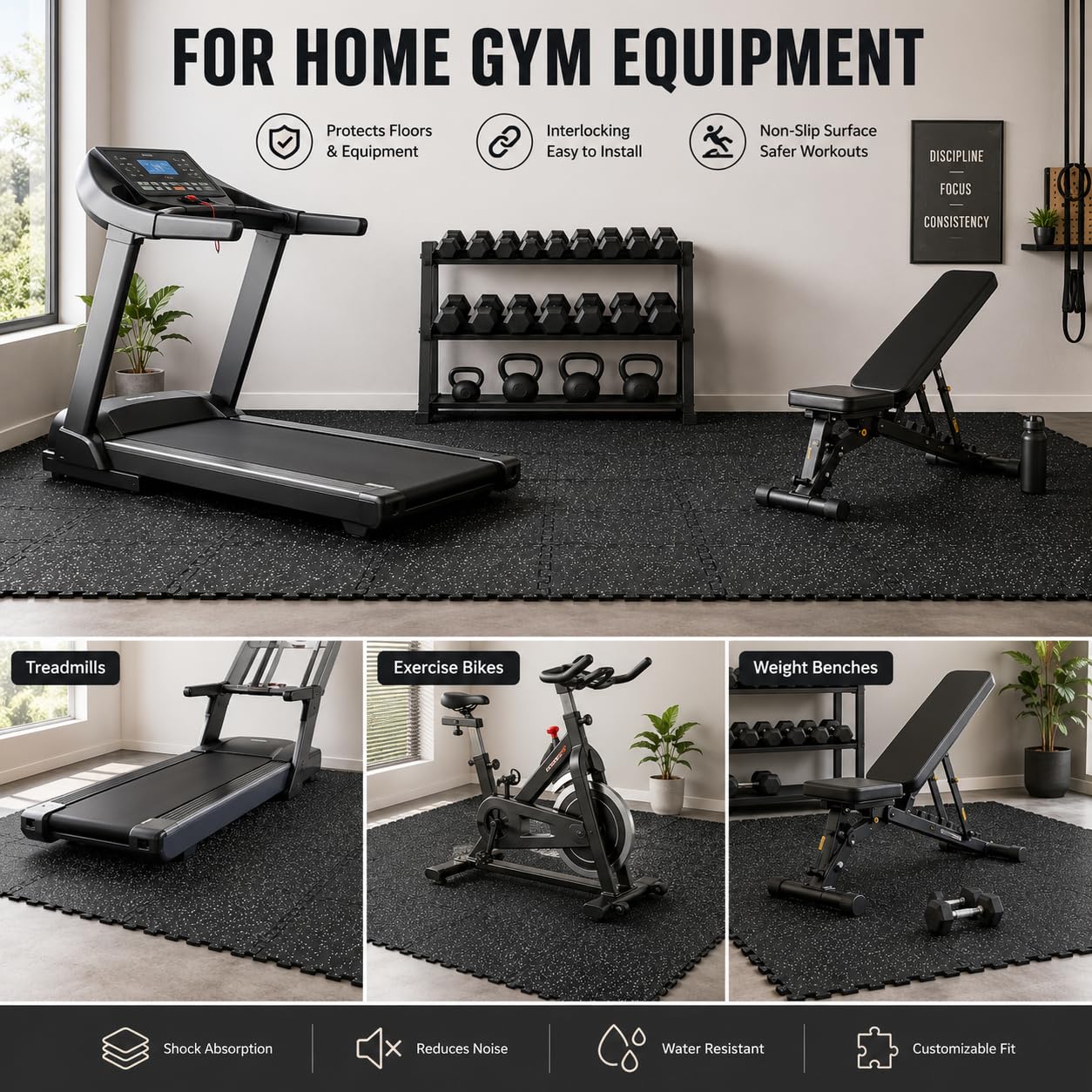 Homodoskey Thick Gym Flooring Tiles 12 Pack 60x60cm Rubber Exercise NEW