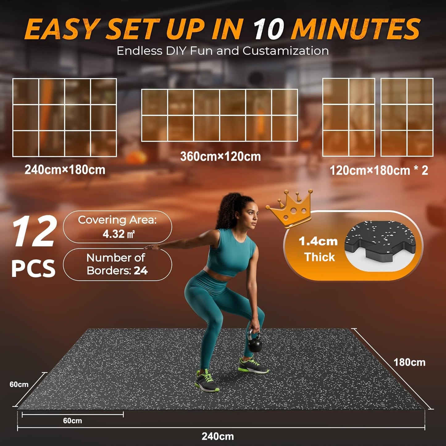 Homodoskey Thick Gym Flooring Tiles 12 Pack 60x60cm Rubber Exercise NEW